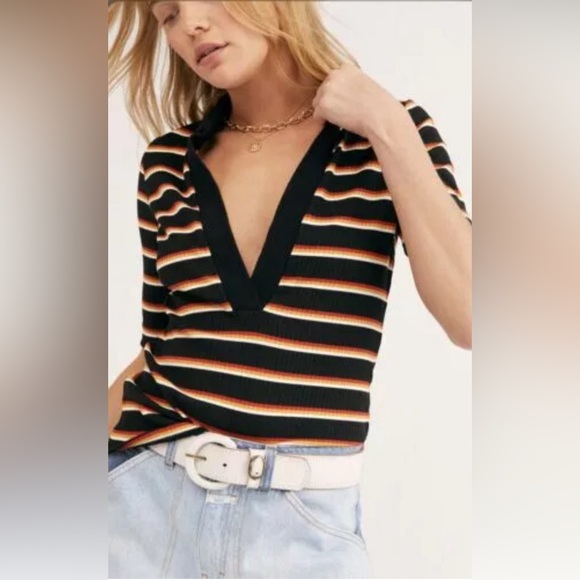 Free People Tops - Free People Donna Collared Deep V-Neck Striped Ribbed RetroTop Women's Size XS